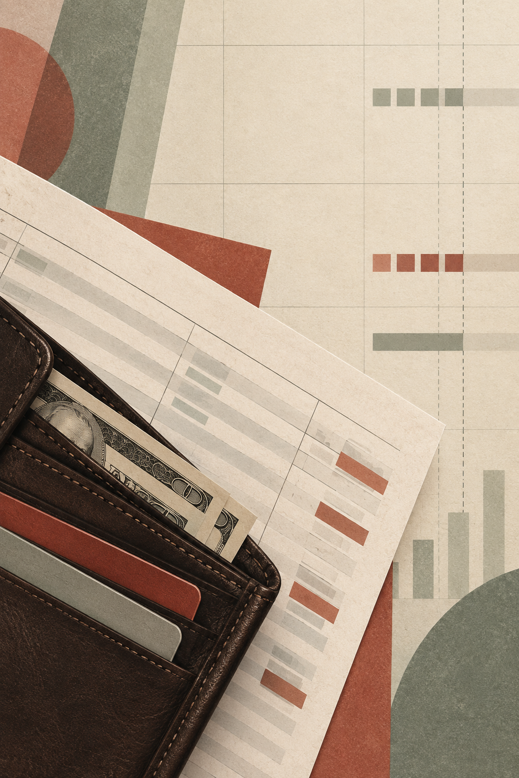 Paycheck planning worksheets beside a household wallet